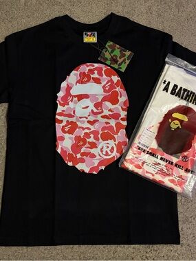 Bape Black Tee with Red and Pink Camo Ape Head
